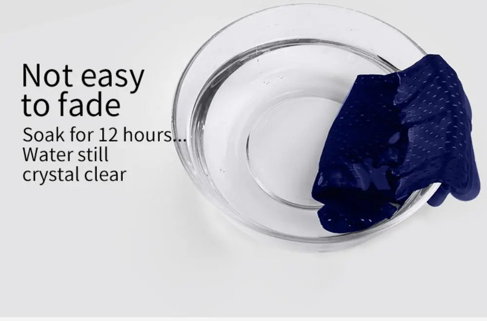 Blue hair dye packet in a glass of water with text about dye permanence.