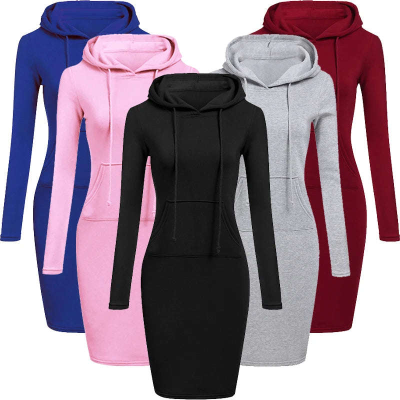 A collection of hooded dresses in various colors including blue, pink, black, gray, and red, all with a knee-length cut and long sleeves.