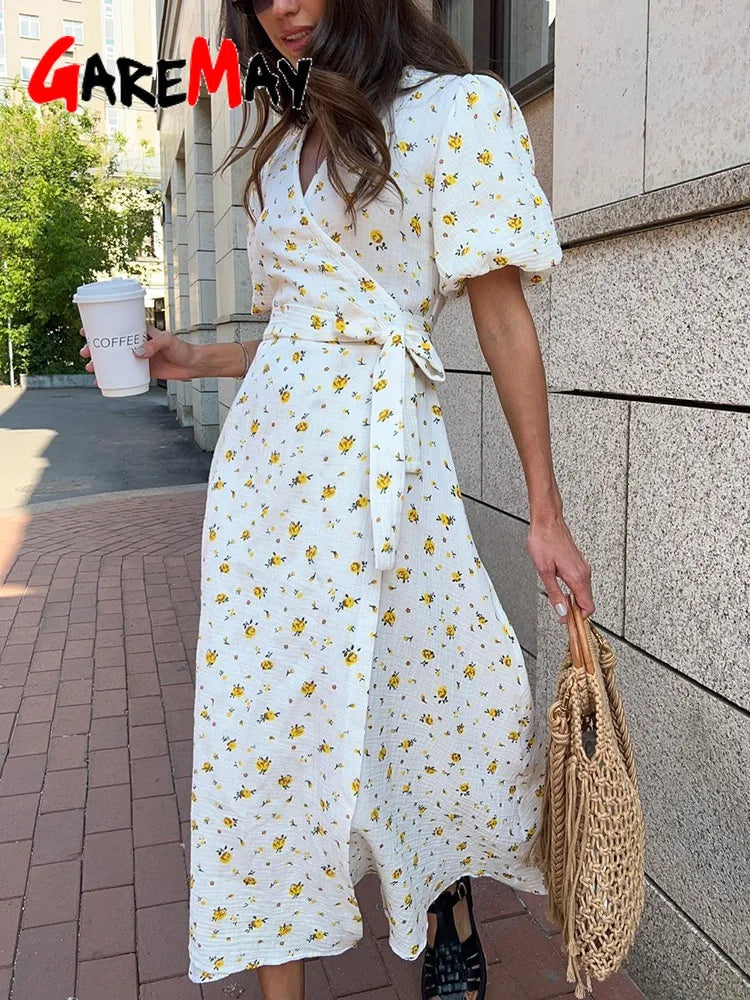Casual Women's Summer Dresses 100% Cotton Floral Print A-line Midi Dress with Side Slits Long Elegant White Dress for Women 2025 - 3KDyn