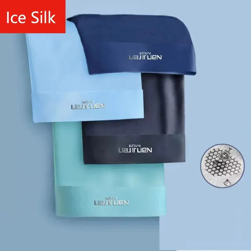 Set of blue and black ice silk products with 'NEN' branding on a light blue background.