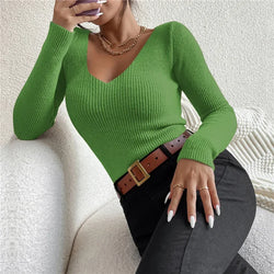 Women’s Rib‑Knit V‑Neck Sweater – Slim Fit, Long Sleeve (One Size) - 3KDyn