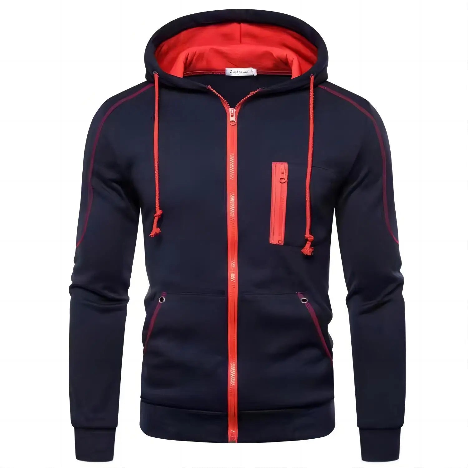 Navy blue hoodie with red accents on a white background
