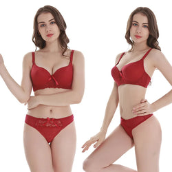 Two poses of a woman wearing a red lingerie set on a white background