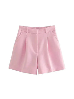 TRZA Women Fashion Side Pockets Front Darts Bermuda Shorts Vintage High Waist Zipper Fly Female Short Pants Mujer - 3KDyn