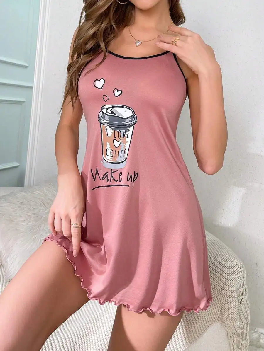 Pink nightgown with coffee cup design and text 'Wake up' on a white background