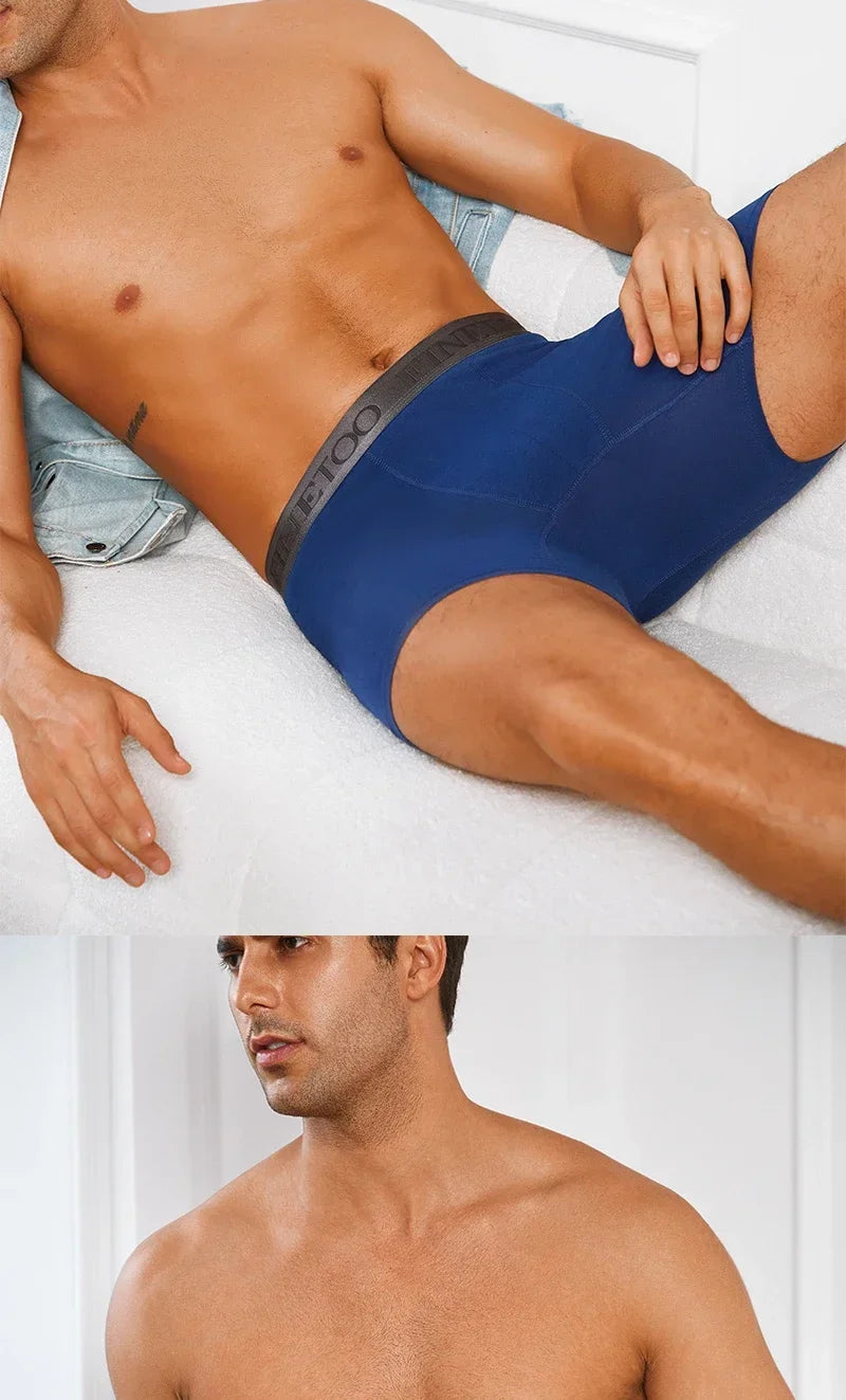 Man wearing blue underwear with a close-up of his face below.