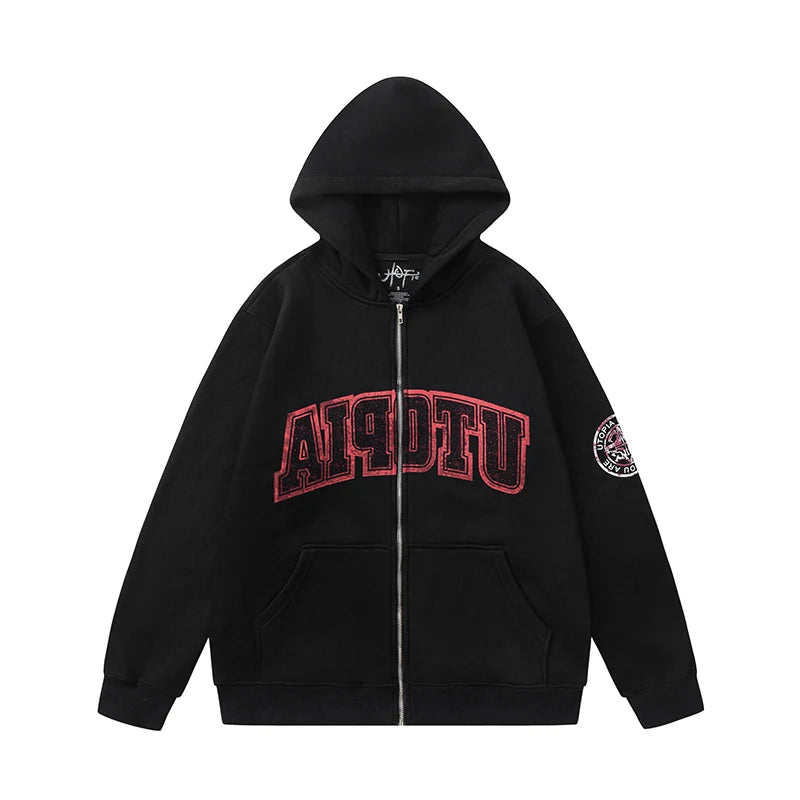 Black hoodie with red text and a logo on a white background