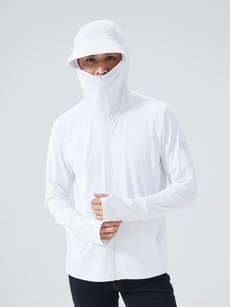 A man wearing a white hooded jacket with long sleeves, designed for sun protection.