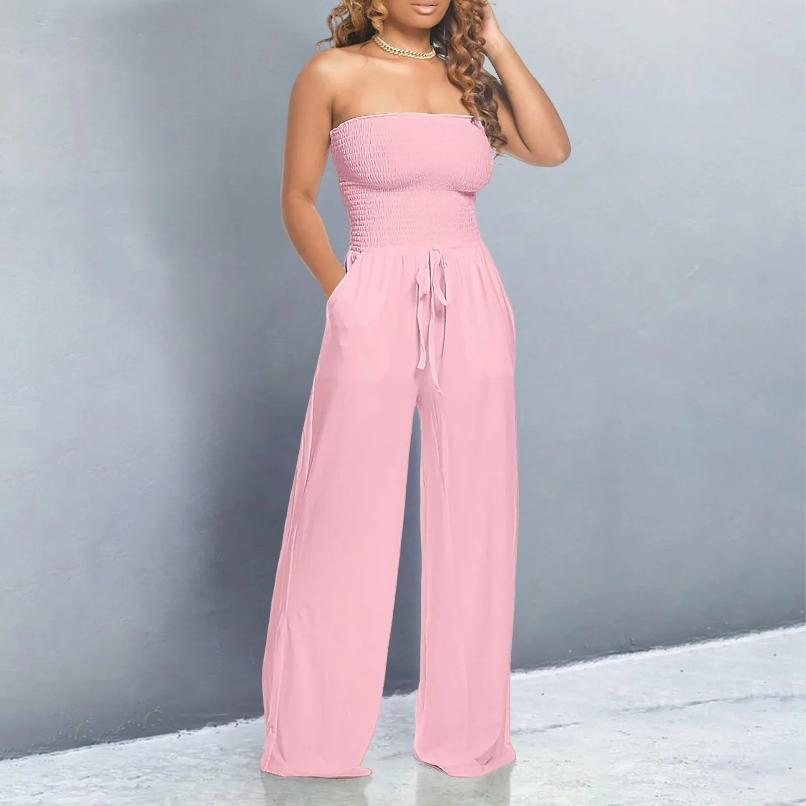 Women’s Strapless Wide‑Leg Jumpsuit with Lace‑Up Front - 3KDyn