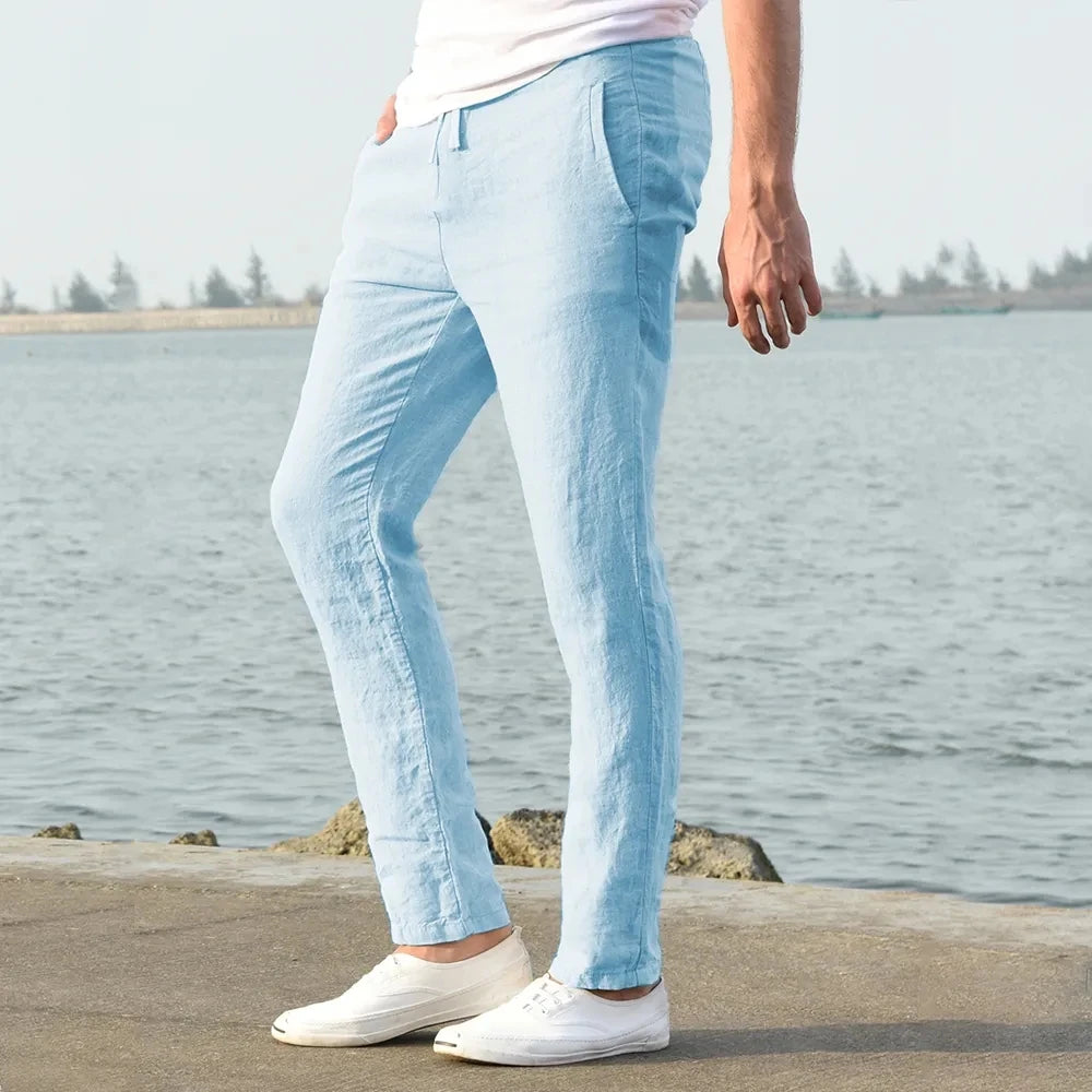 Men's Cotton Linen Straight Pants - Breathable Summer Trousers with Elastic Waist - 3KDyn