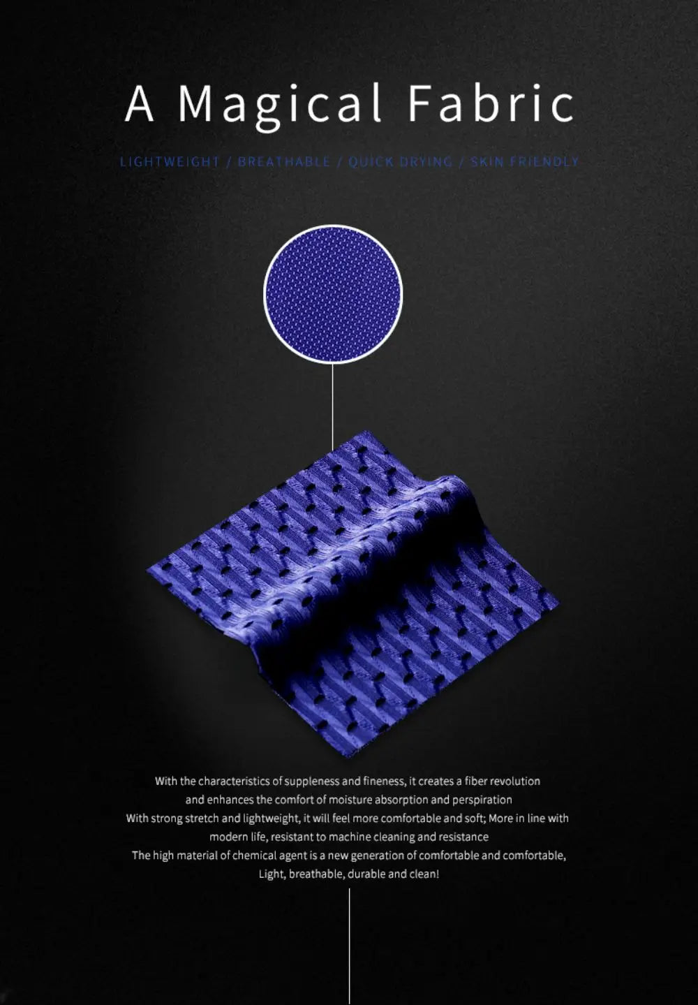 Blue fabric sample with text on a dark background