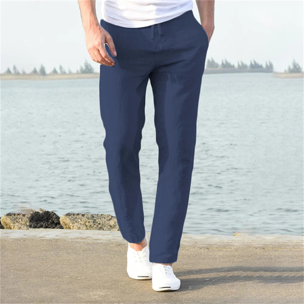 Men's Cotton Linen Straight Pants - Breathable Summer Trousers with Elastic Waist - 3KDyn