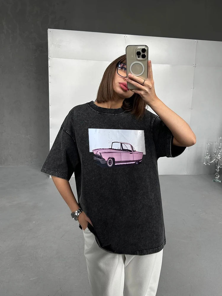 Washed Graphic Long Sleeve T-Shirt – Vintage Oversized Streetwear for Women - 3KDyn