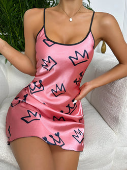 Heart Print Satin Chemise Nightdress – Cross‑Back - 3KDyn