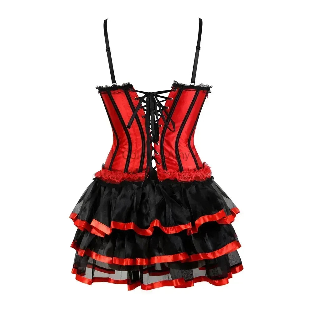 Red and black gothic corset top for Victorian costume looks