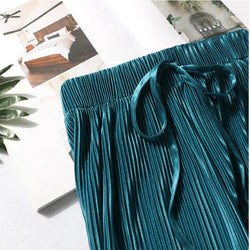 Women Fashion Summer Wide Leg Pants Pleated Ice Silk Trousers Elastic Waist Loose Casual Pants - 3KDyn