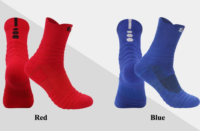 Two pairs of socks, one red and one blue, on a white background.