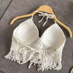 Sexy Boho Beach Holiday Camisole Halter Women Crochet Knit Swimsuit Bra Backless Vest Hollow Tassel Tank Top Women's Crop Tops - 3KDyn