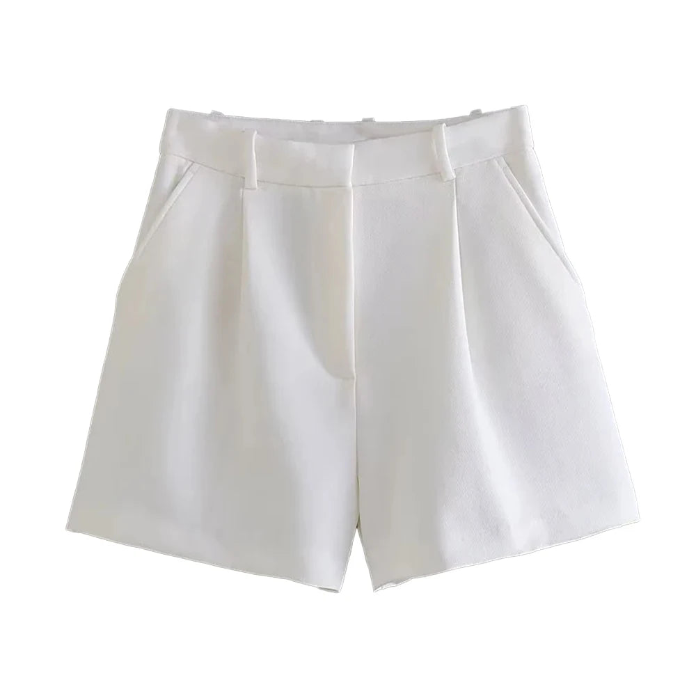 TRZA Women Fashion Side Pockets Front Darts Bermuda Shorts Vintage High Waist Zipper Fly Female Short Pants Mujer - 3KDyn