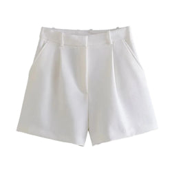 TRZA Women Fashion Side Pockets Front Darts Bermuda Shorts Vintage High Waist Zipper Fly Female Short Pants Mujer - 3KDyn