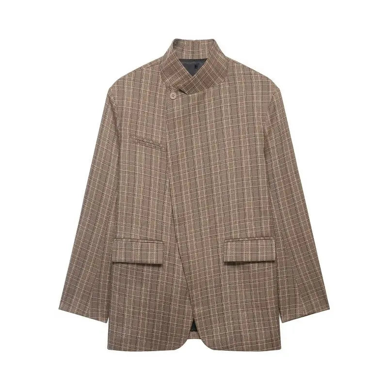 Women’s plaid stand-collar blazer