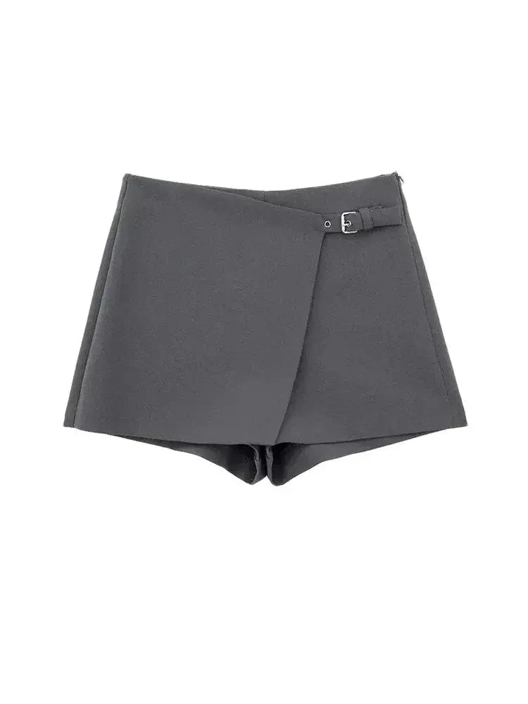 TRZA-Asymmetric Shorts Skirts with Tab for Women, High Waist, Side Zipper, Female Skort, Fashion - 3KDyn