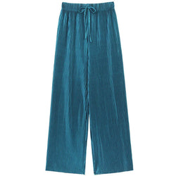 Women Fashion Summer Wide Leg Pants Pleated Ice Silk Trousers Elastic Waist Loose Casual Pants - 3KDyn