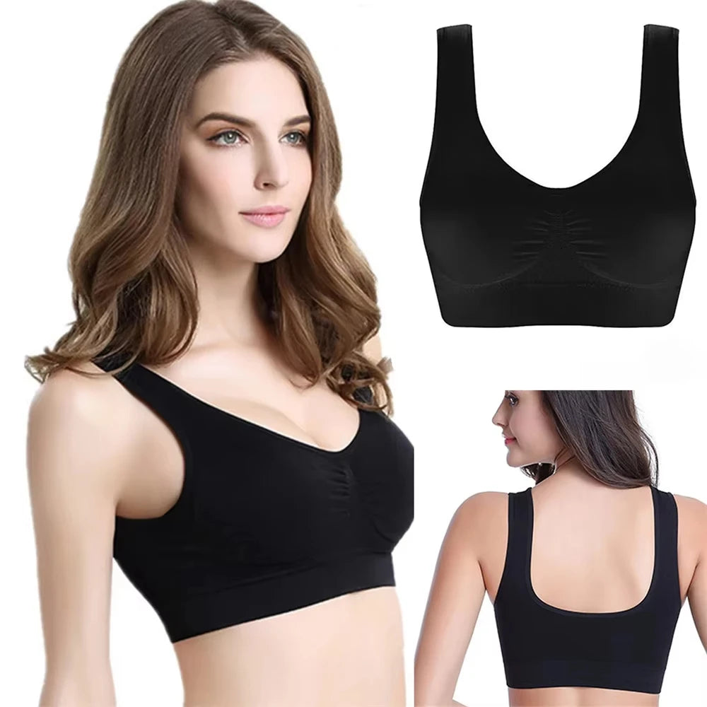 Black sports bra worn by a model with close-up views on a white background