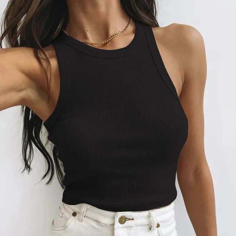 Ribbed Crop Tank Top - Sleeveless U-Neck Solid Summer Vest - 3KDyn