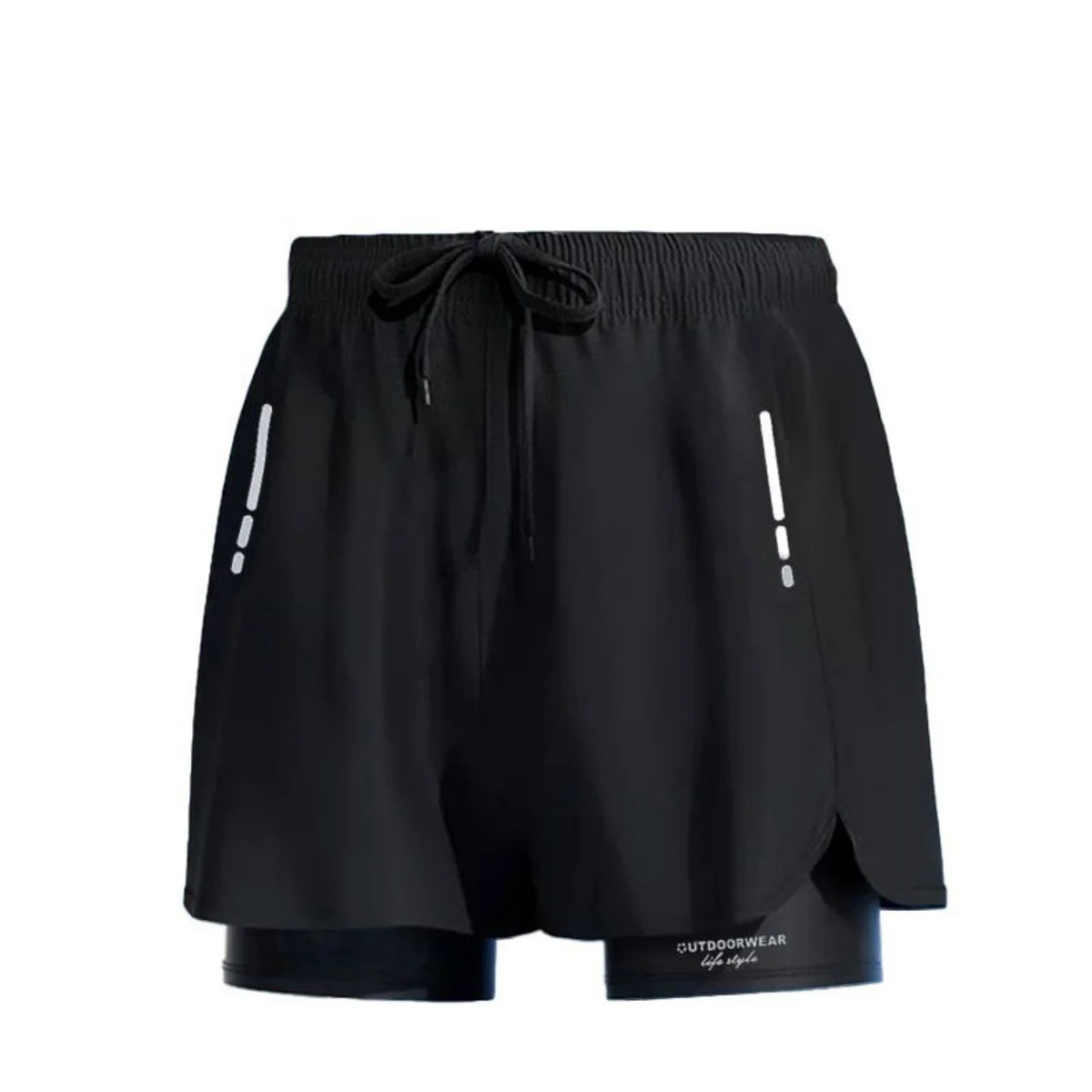 Details and fit of men’s two-layer athletic swim shorts (waistband, pockets, liner)