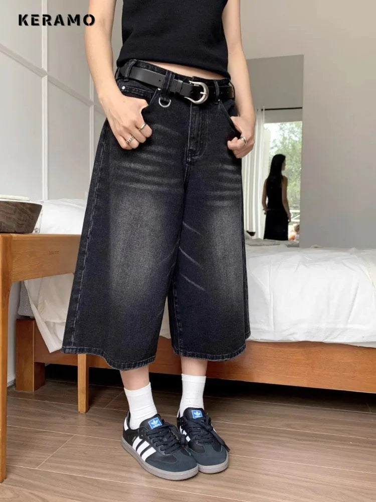 Harajuku Vintage High Waist Black Retro Washed Denim Shorts Women's Fashion Casual Loose Fit Y2K Streetwear Mid Long Short - 3KDyn