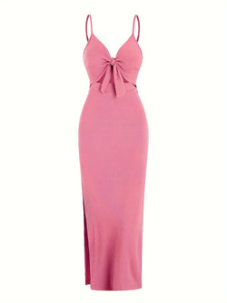 Europe and America knit simple sleeveless suspender dress in spring and summer, leaking back and sexy long skirt with neck. - 3KDyn