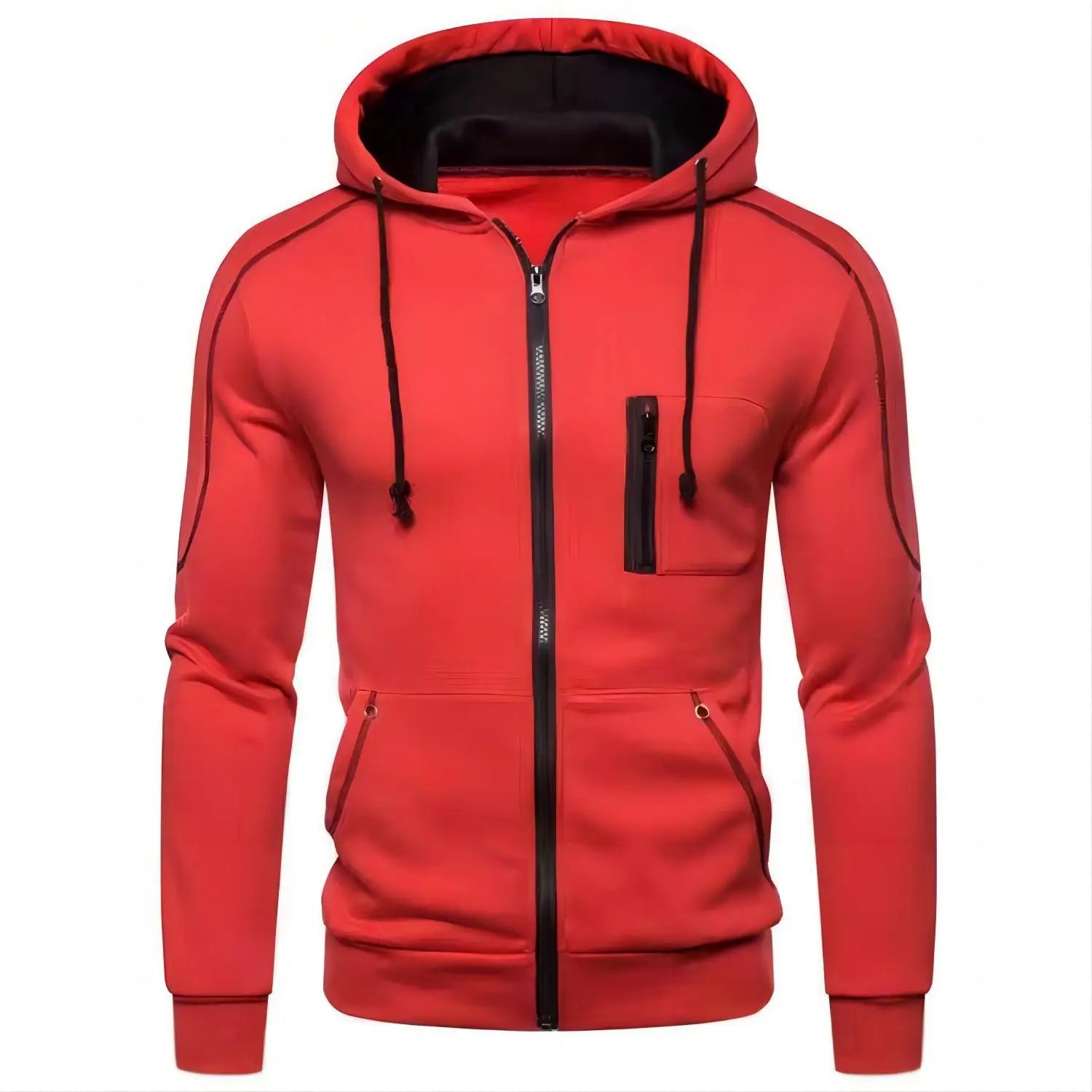 Red hoodie with black zipper and pocket on a white background