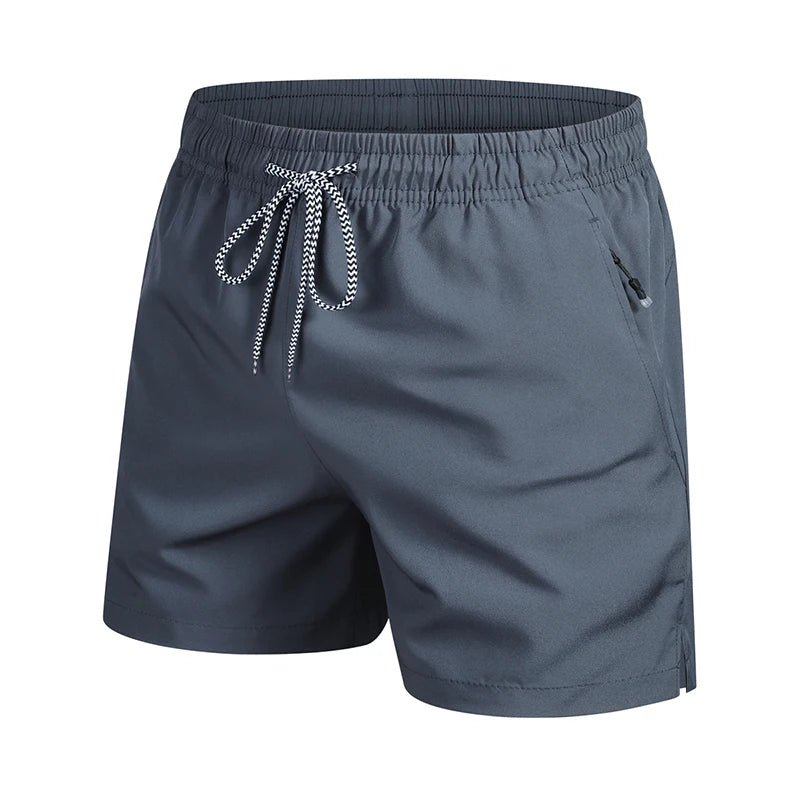 Gray shorts with a drawstring on a white background