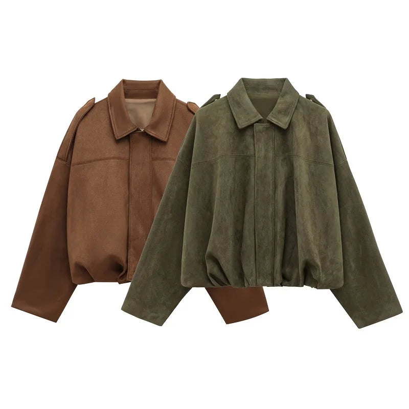 Women's oversized suede bomber jacket in brown and olive