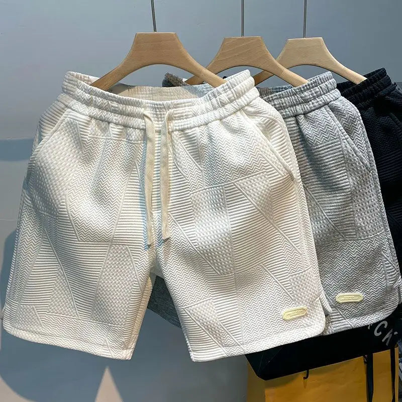 Summer Running Shorts for Men Casual Jogging Sport Short Pants Wave Pattern Solid Color Drawstring Loose Dry Gym Sports Shorts - 3KDyn