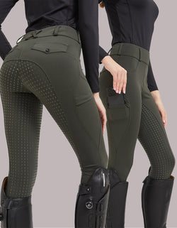 A pair of green, tight-fitting cycling sports pants designed for horse riding, featuring silicone anti-slip detailing on the knees and seat.