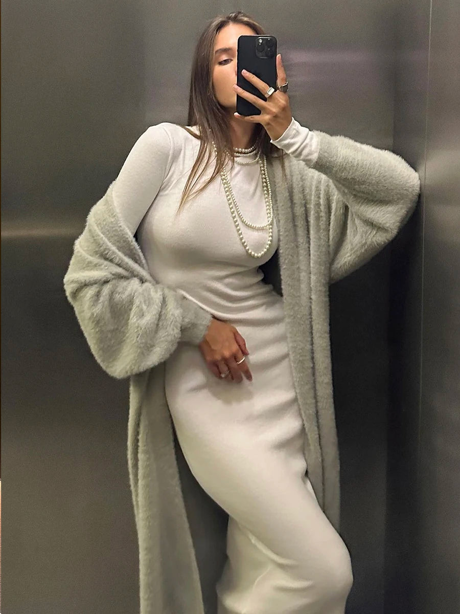 Women’s soft knit cardigan vest and midi dress separates