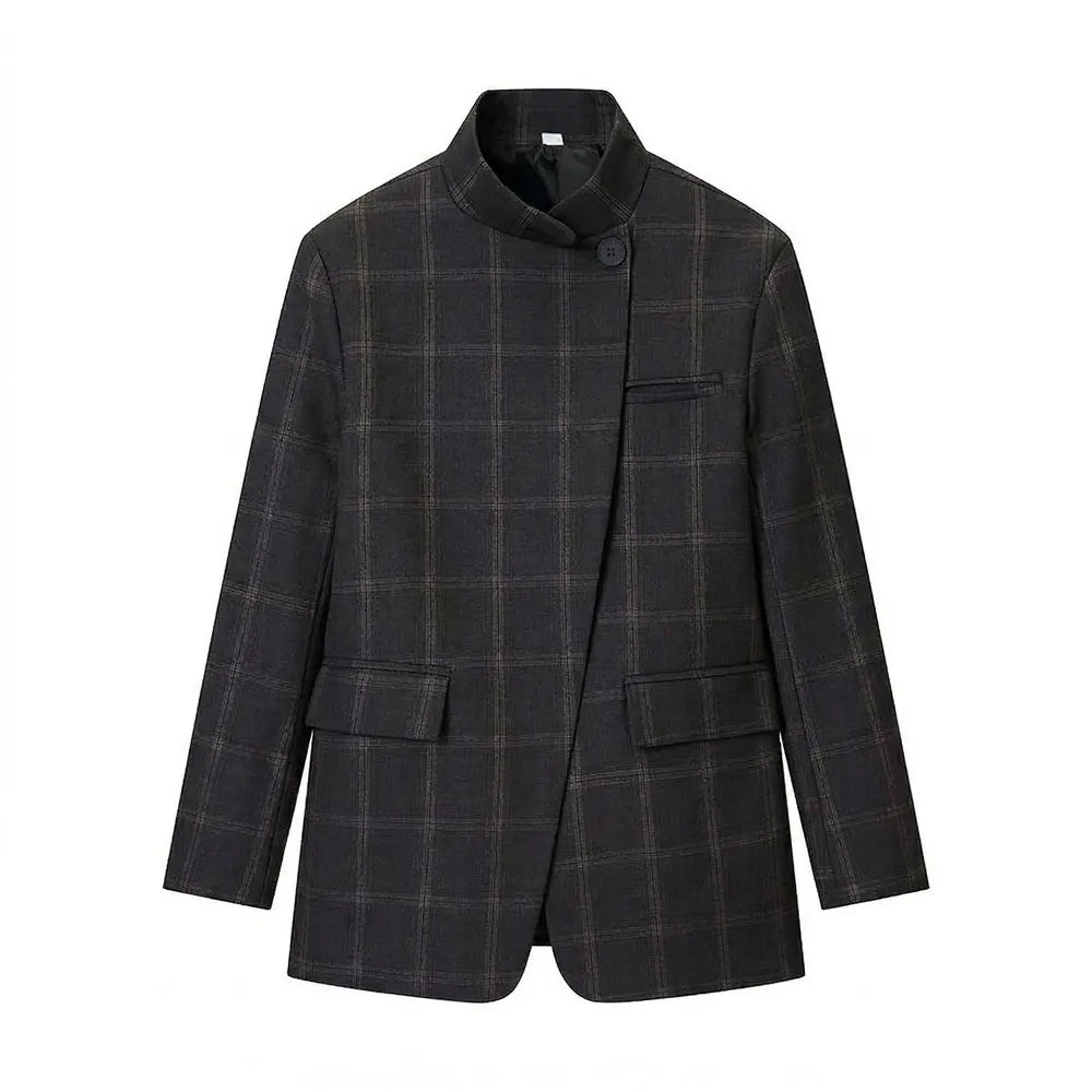 Women’s plaid stand-collar blazer