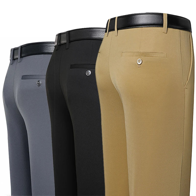 Three pairs of men's trousers in black, gray, and beige colors, displayed side by side.