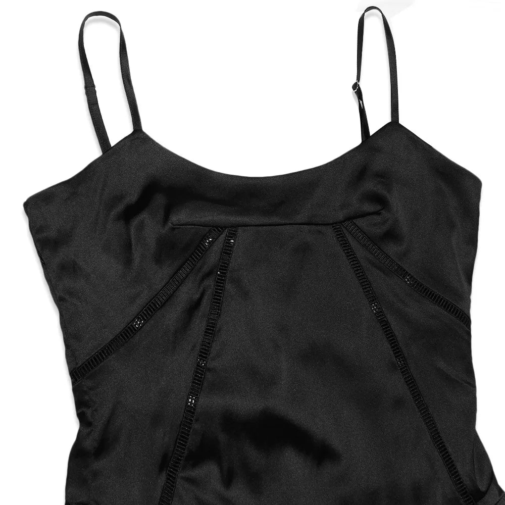 Black satin camisole with thin straps on a white background