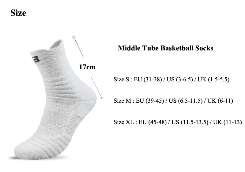 White middle tube basketball sock with size chart on a white background