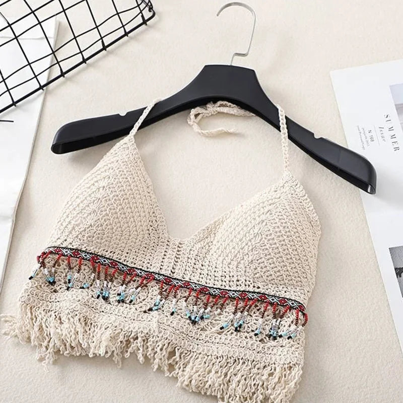 Sexy Boho Beach Holiday Camisole Halter Women Crochet Knit Swimsuit Bra Backless Vest Hollow Tassel Tank Top Women's Crop Tops - 3KDyn