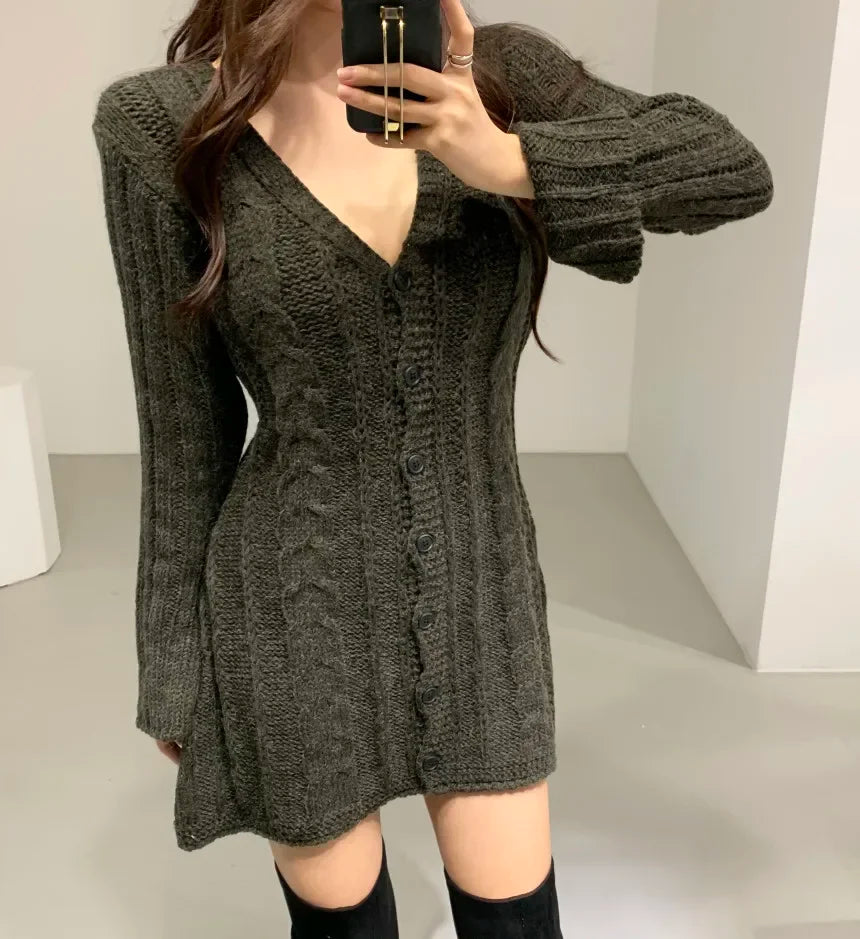 Women’s cable knit mini dress with button detailing - 3KDyn