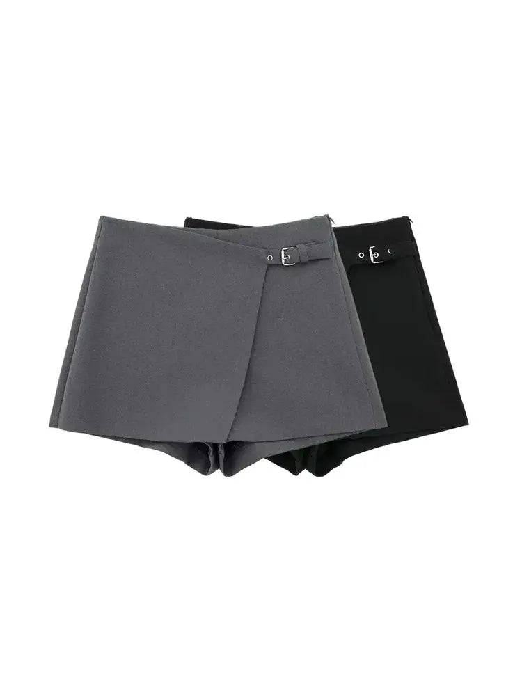 TRZA-Asymmetric Shorts Skirts with Tab for Women, High Waist, Side Zipper, Female Skort, Fashion - 3KDyn