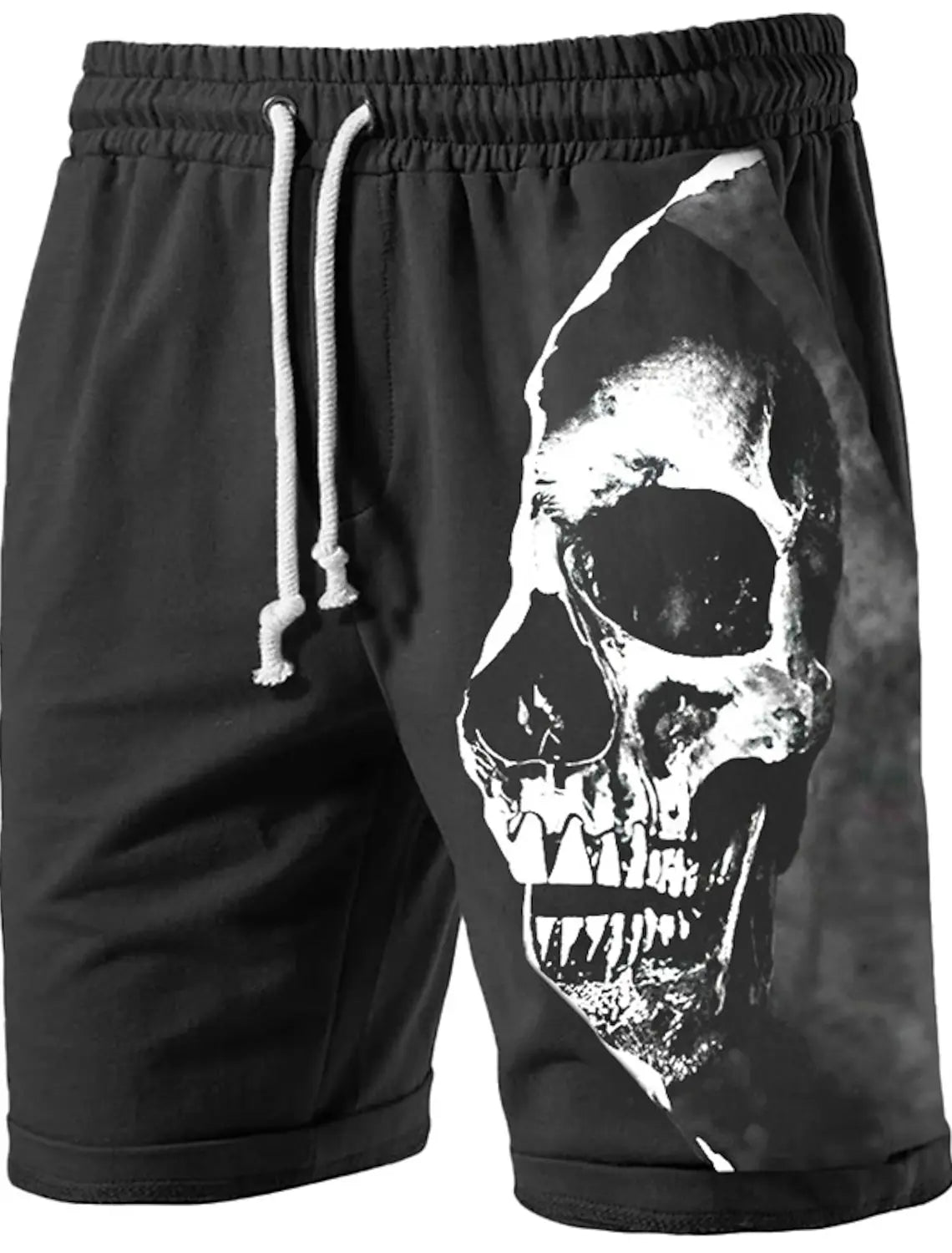 Black shorts with a skull design on a white background