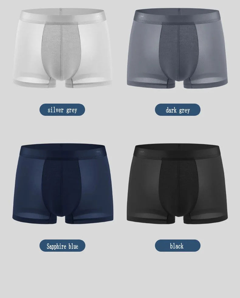 Four pairs of men's underwear in different colors with labels on a gray background.