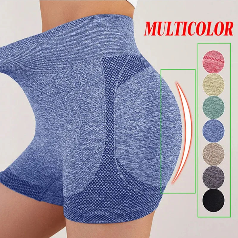 The image shows a pair of high-waisted women's yoga shorts in blue, highlighting the available colors with a legend in the corner. The shorts are designed to be skin-tight and are depicted as such in the photo.
