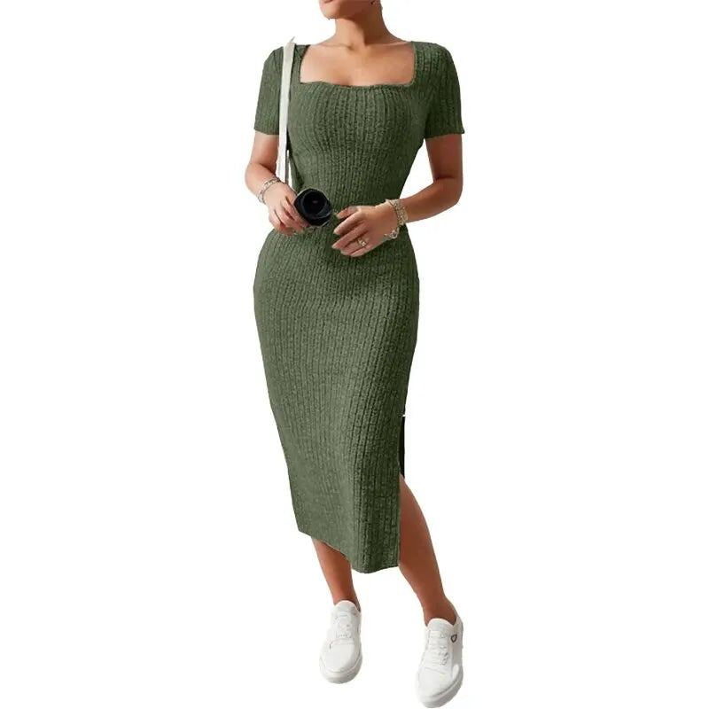 Summer Square Neck, Hip-Hugging Mid-Length Skirt, Short-Sleeved, Versatile Knitted Slit Dress - 3KDyn