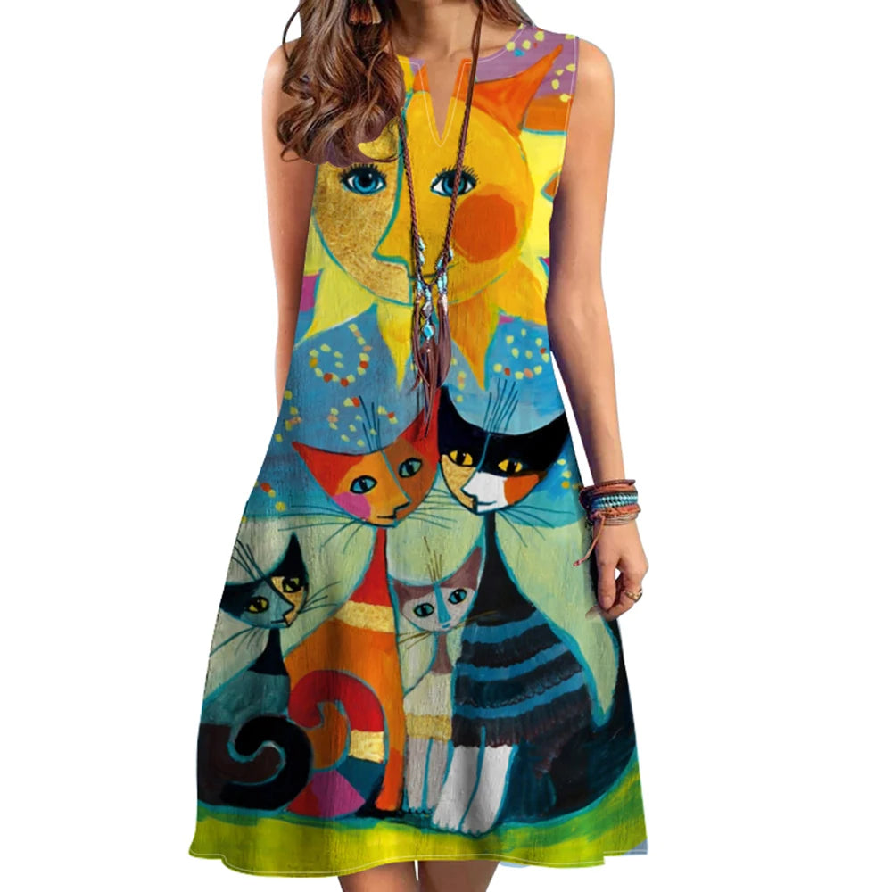 European and American Cross Border Women's New Dress V-neck Sleeveless Sexy Printed Large Hem Foreign Trade Dress - 3KDyn